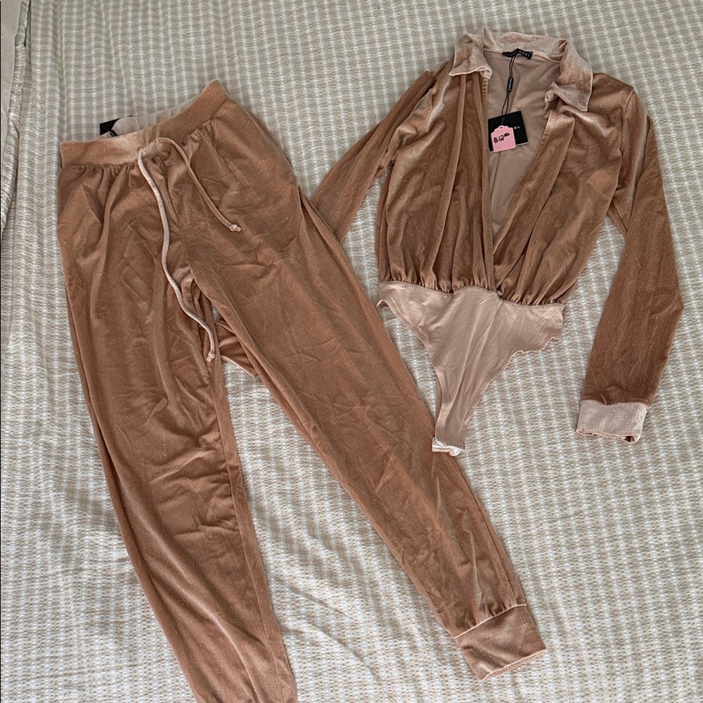 JLUXLABEL Tan Velvet Jumpsuit Set
